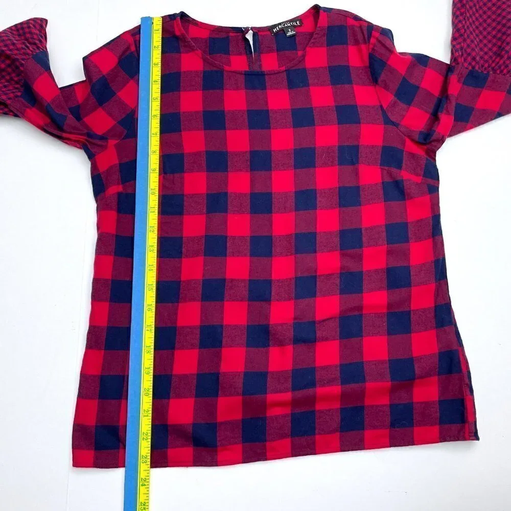J. Crew Mercantile Women's Top Red & Navy Blue Plaid Flannel Bell Sleeves size 2